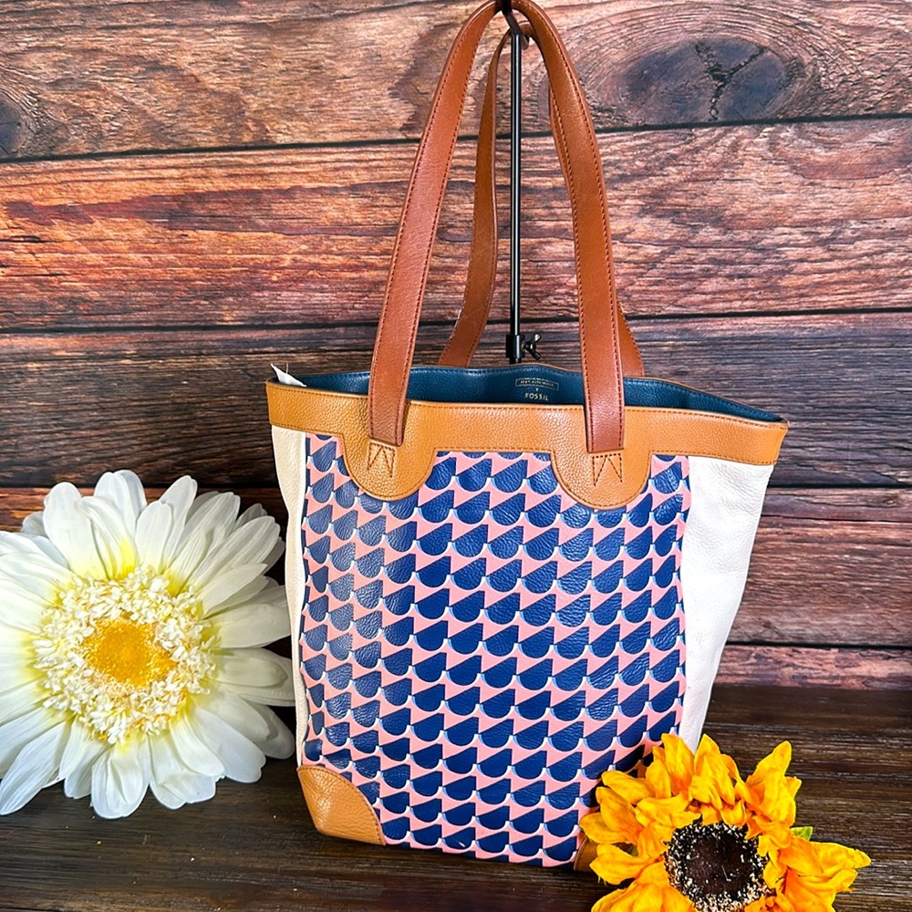 Fossil x Eley Kishimoto Pink and Navy Patterned Leather Tote with Tan Trim